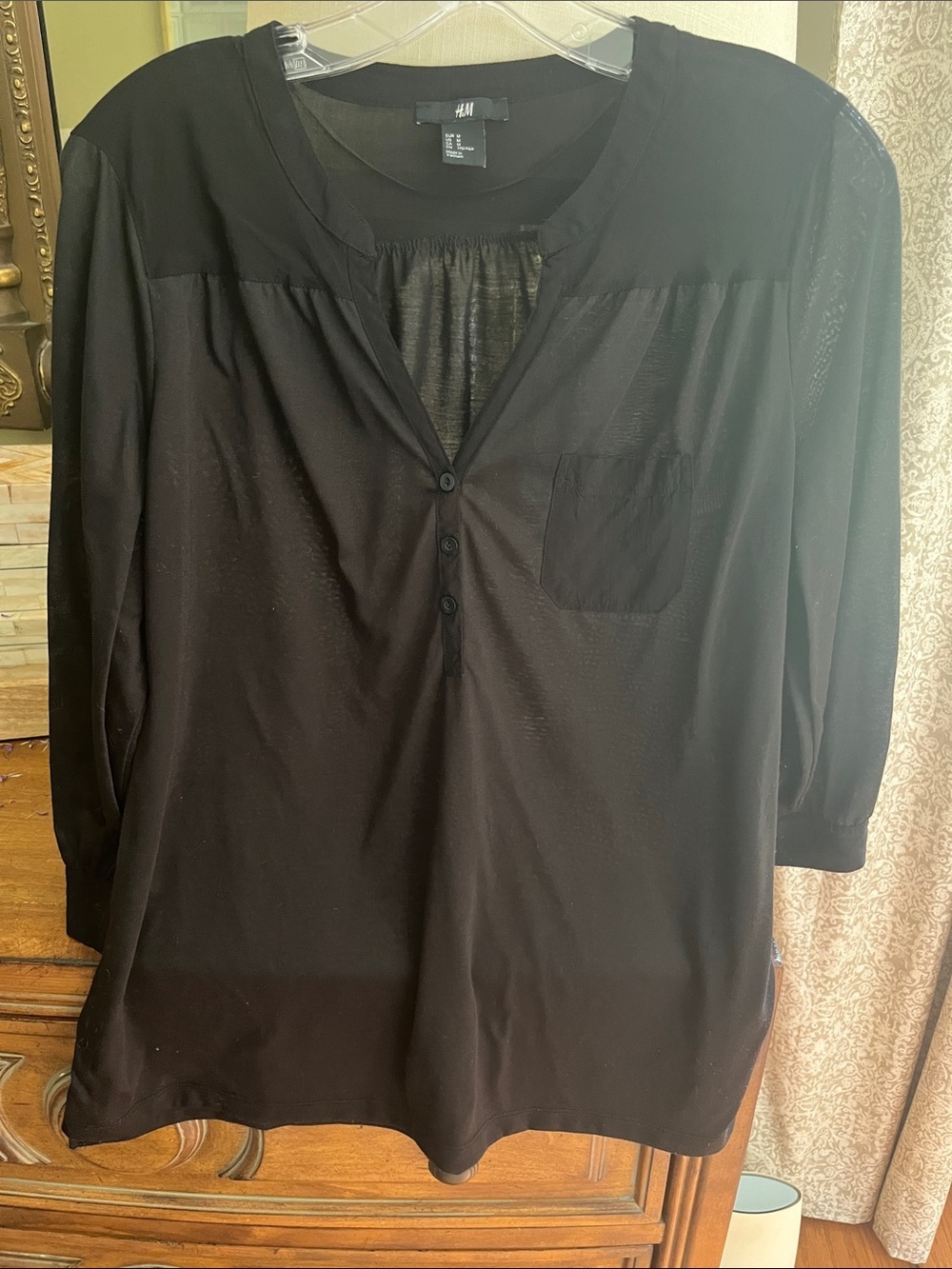 H&M Black Henley Blouse 3/4 Sleeves M - Picture 8 of 8